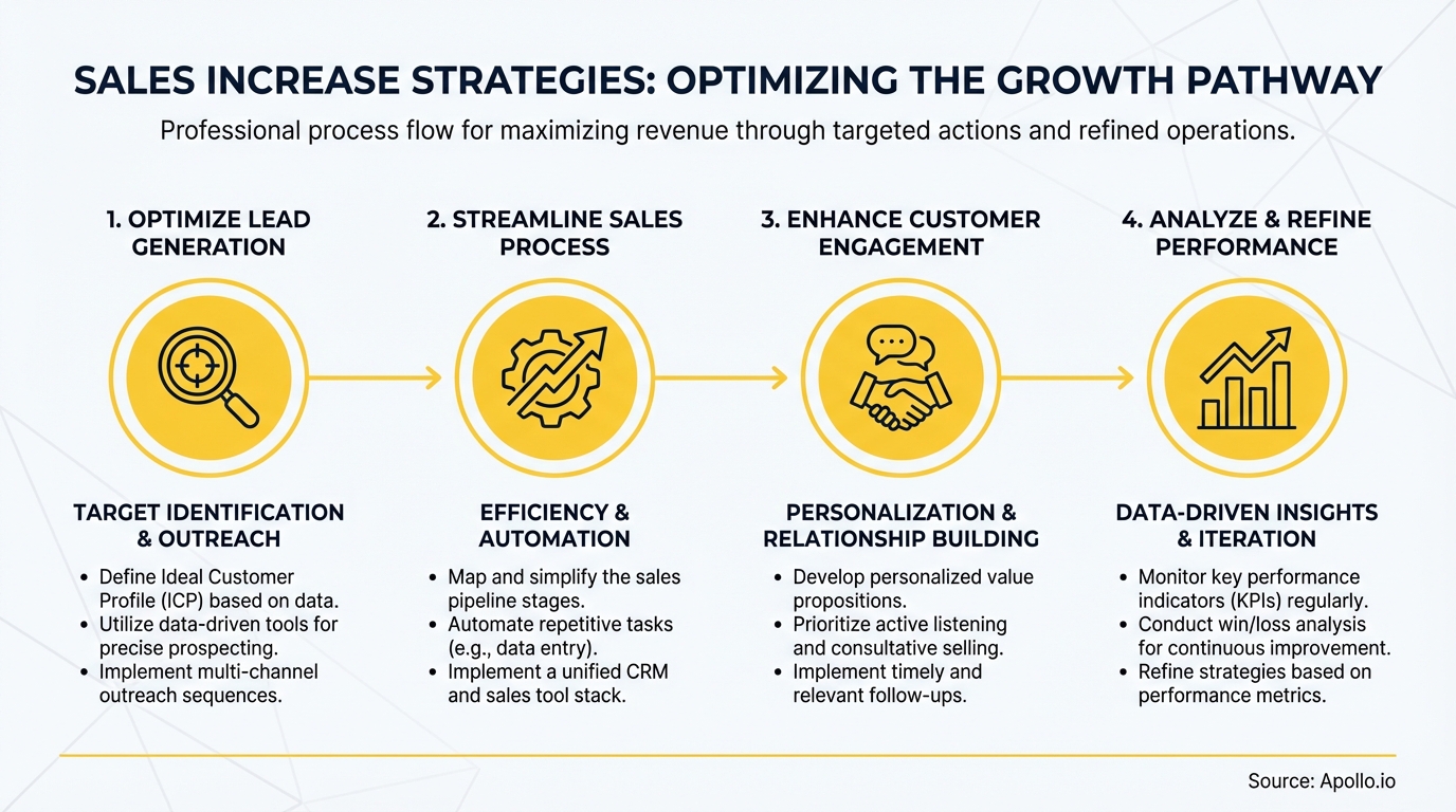 A four-step process flow illustrates strategies for optimizing lead generation, streamlining sales, enhancing engagement, and refining performance.