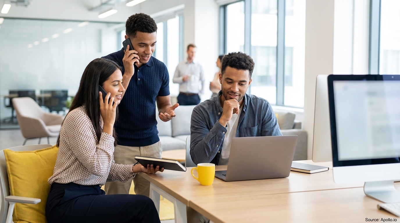 Three diverse professionals talk on phones and use a laptop in a modern office.