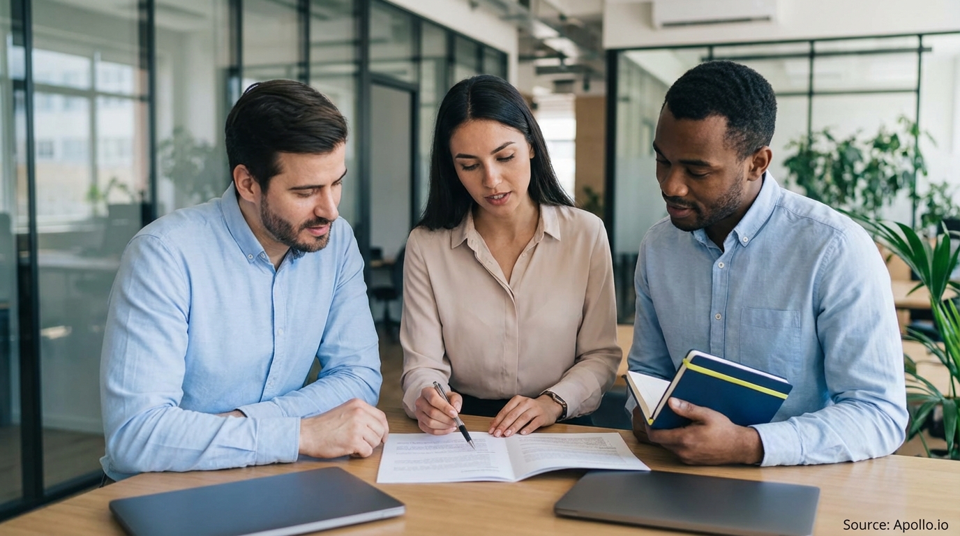 Three business colleagues review documents and discuss in a bright, modern office.