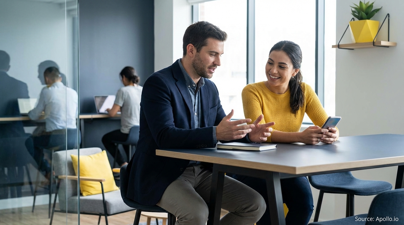 Two professionals talk at a table in a modern office, with others working in the background.