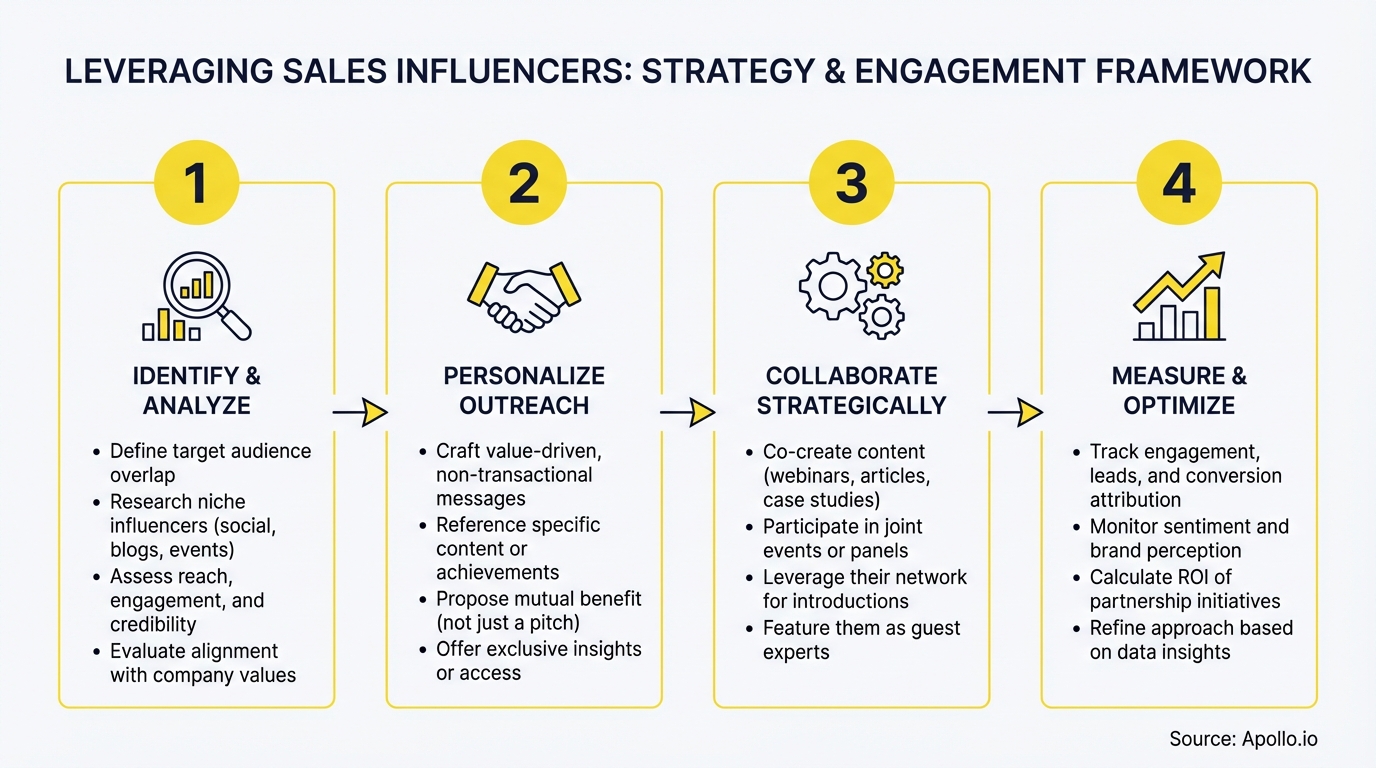 Four-step diagram illustrating a strategy and engagement framework for sales influencers.