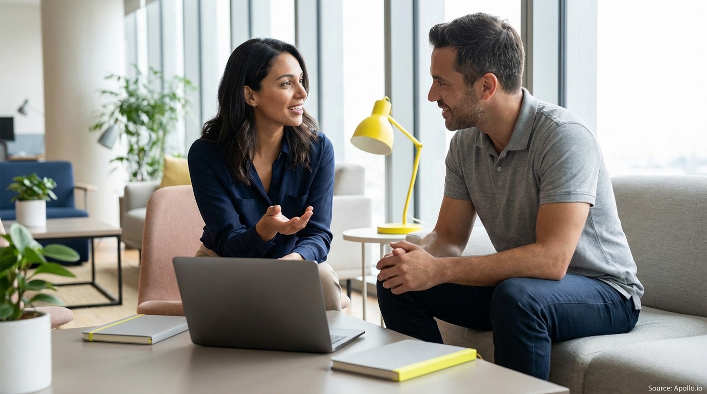 Two professionals talk across a table with a laptop in a bright modern office.