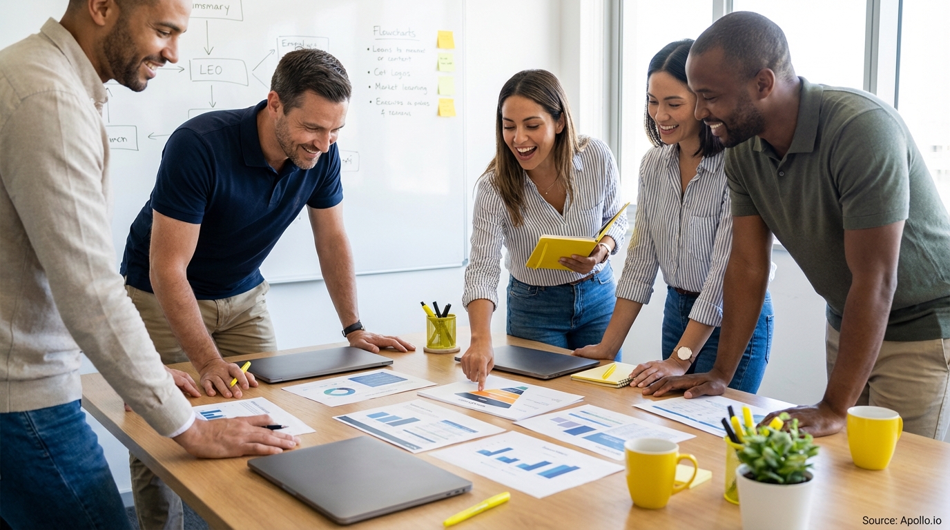Sales professionals discussing strategy around a conference table in a sales team meeting