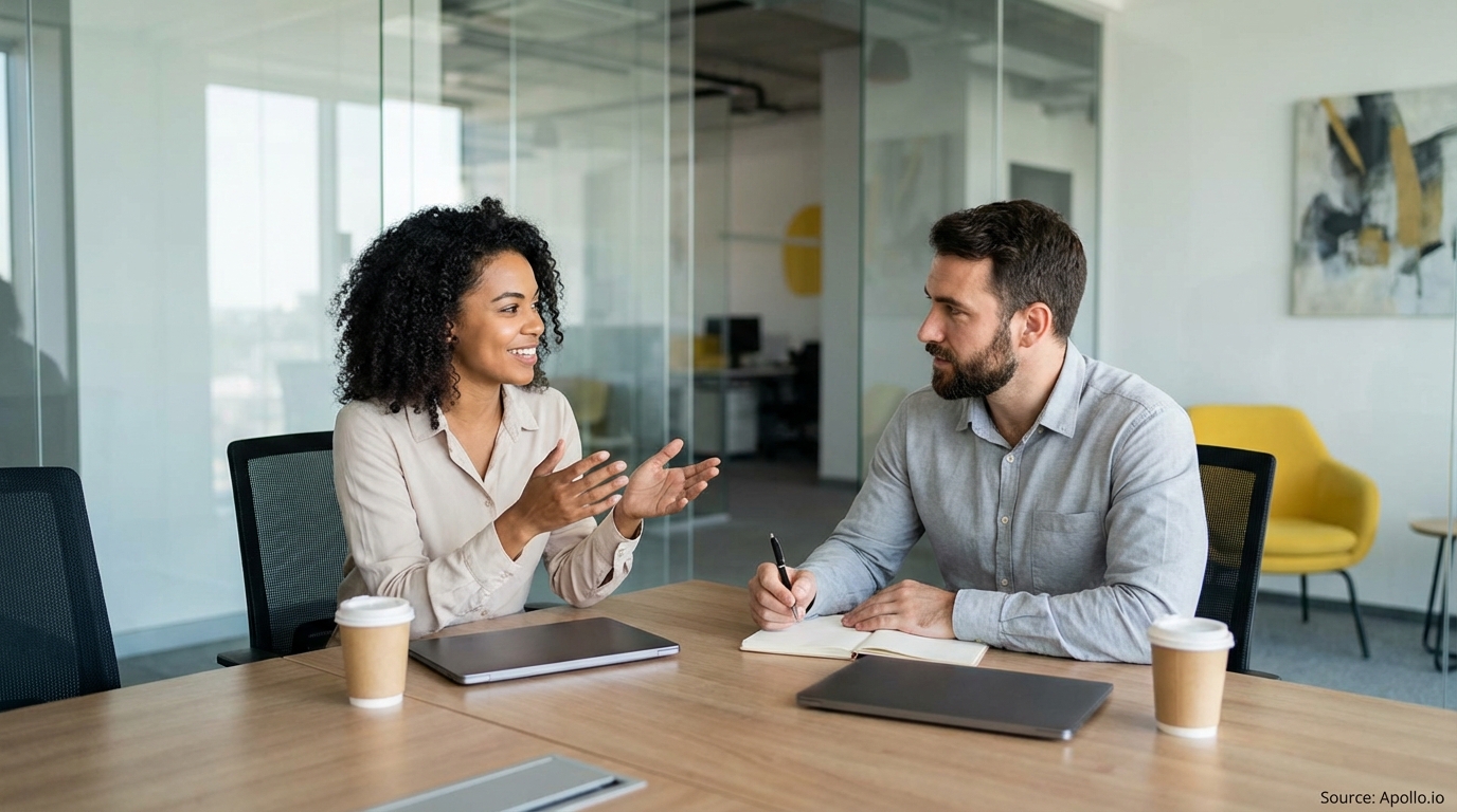 Woman explaining and man taking notes at a modern office table.