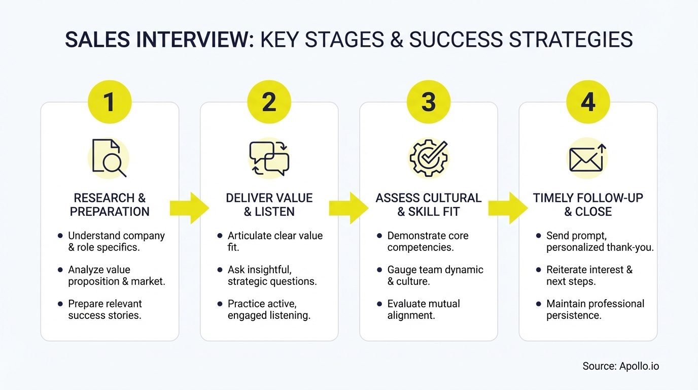 A four-stage process diagram illustrating key sales interview stages and success strategies.