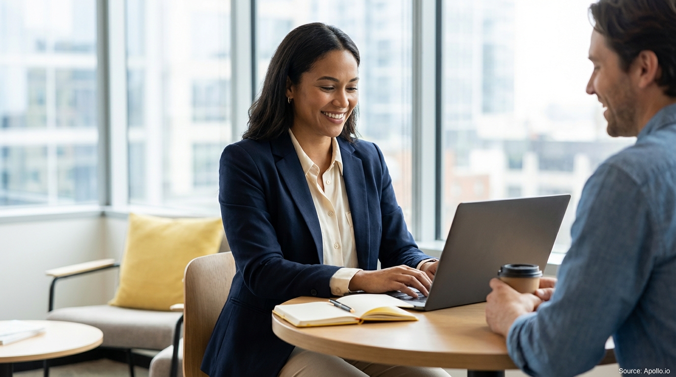 Smiling woman works on laptop at a table with a man holding a coffee cup.