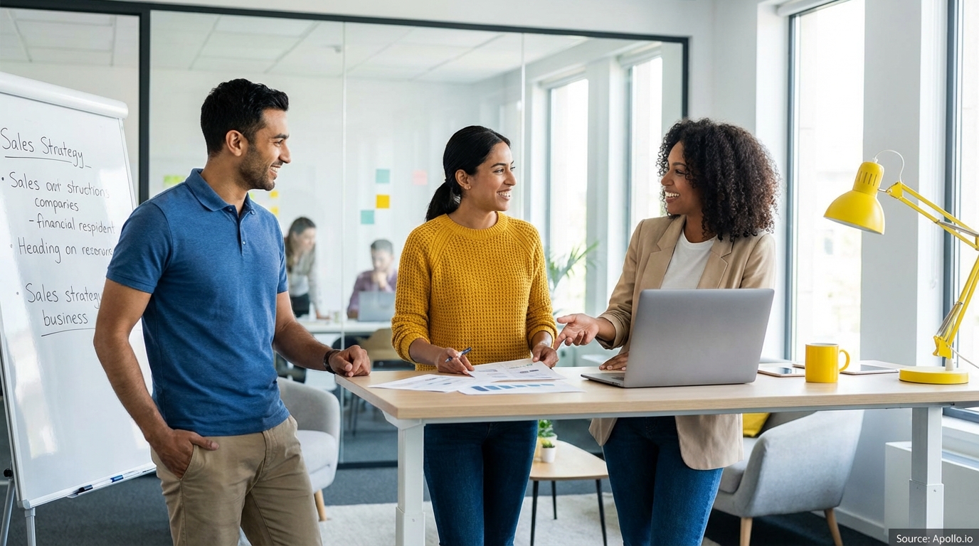 Sales team collaborating in a modern open-plan office during a hiring discussion
