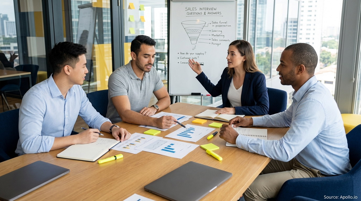 Sales professionals discussing strategy around a conference table during a hiring discussion