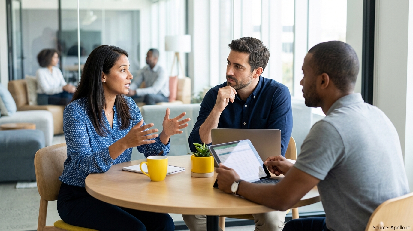 Three diverse professionals discuss strategy at a modern office table with devices.