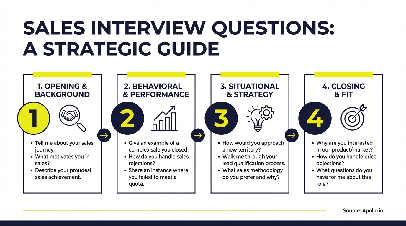 Infographic categorizing sales interview questions into four stages with descriptive icons and bulleted examples.