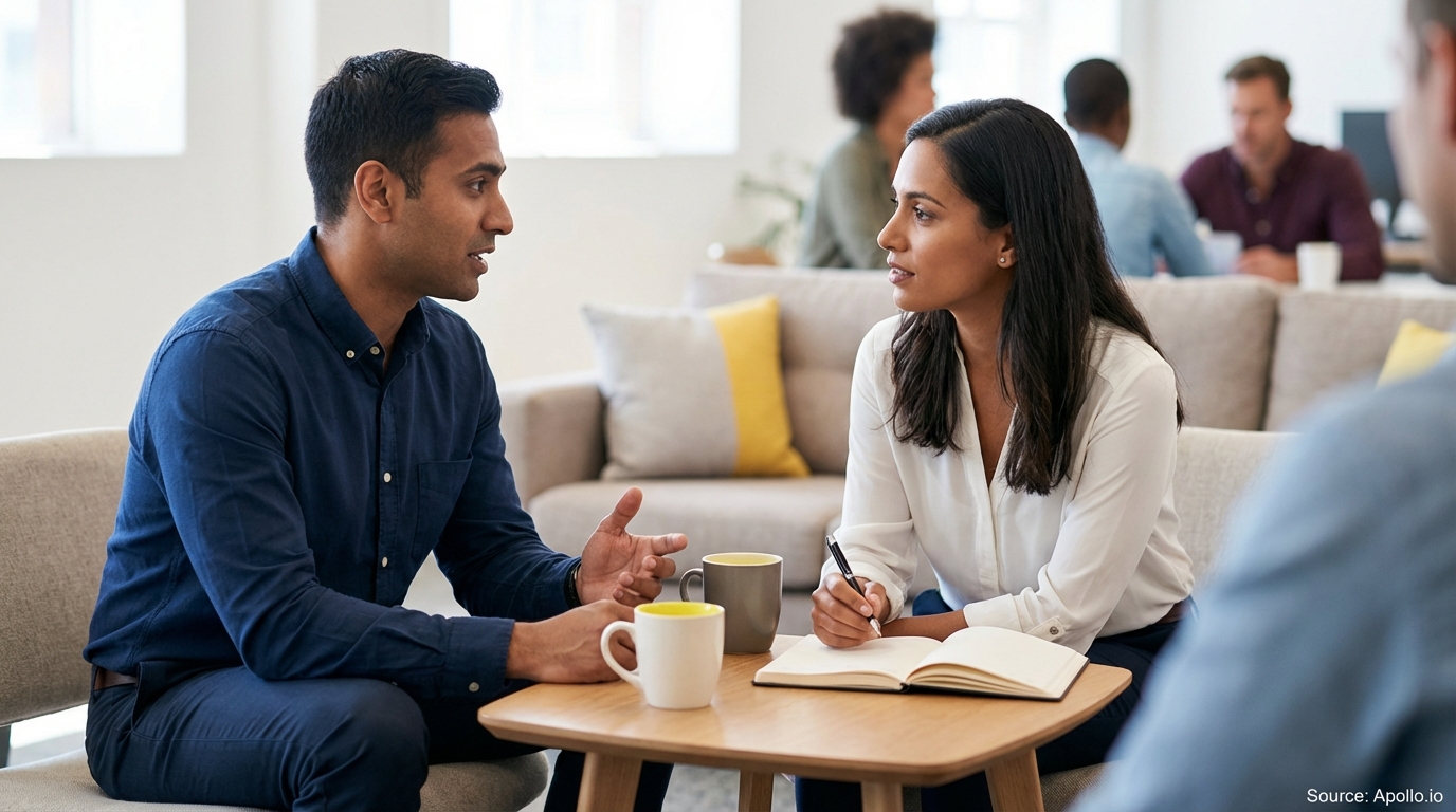 Man speaking to woman taking notes at a coffee table in a modern office lounge.