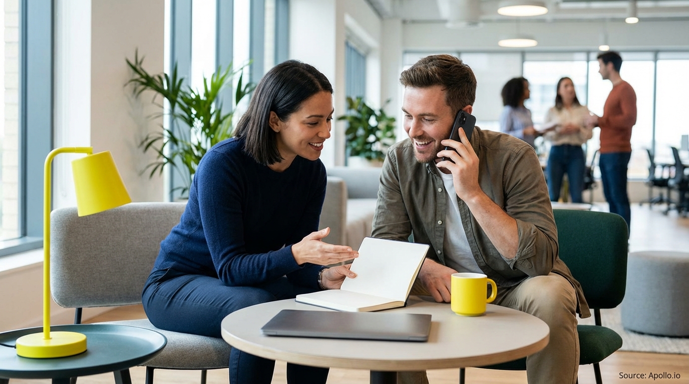 Two smiling colleagues collaborate on a notebook, one on a call, in a modern office.