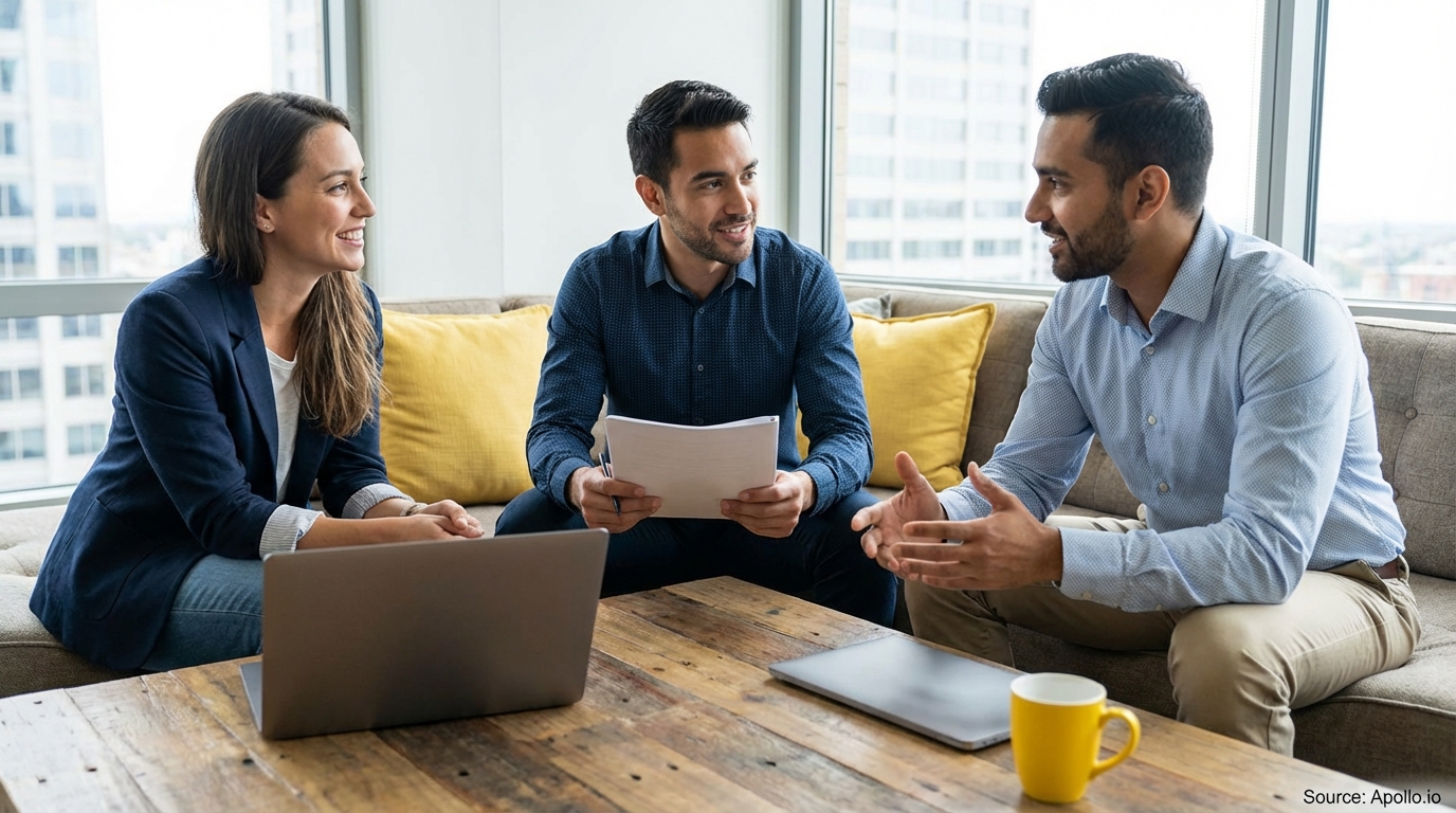 Three professionals discuss work at a coffee table in a modern office lounge.