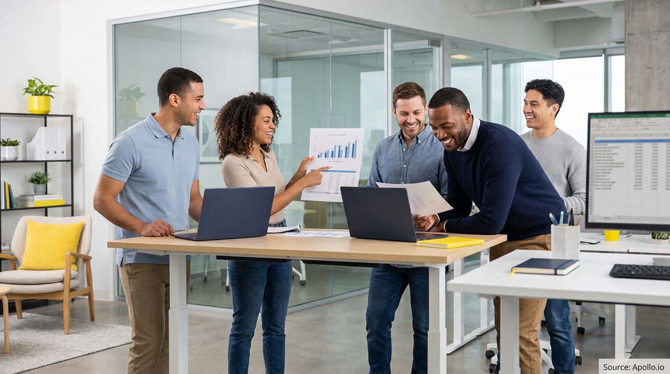 Sales team collaborating in a modern open-plan office in a sales team meeting