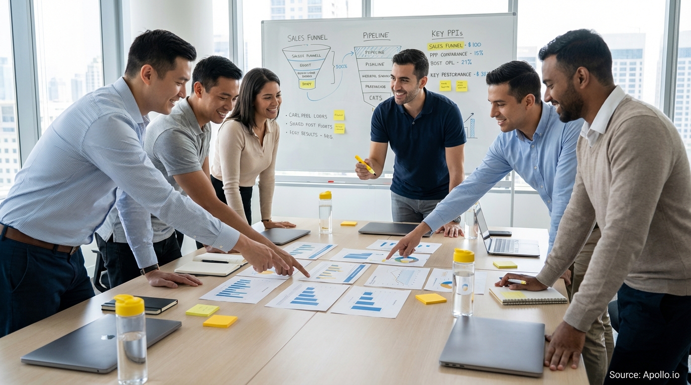 Sales professionals discussing strategy around a conference table in a sales team meeting
