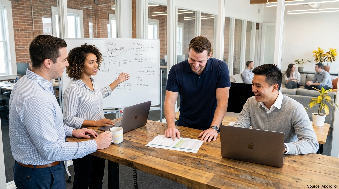 Sales team collaborating in a modern open-plan office reviewing lead generation strategies