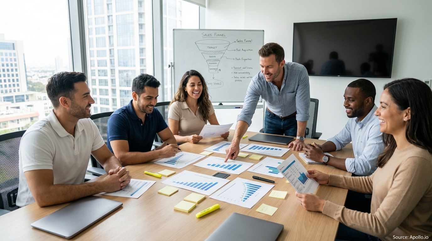 Sales professionals discussing strategy around a conference table reviewing lead generation strategies