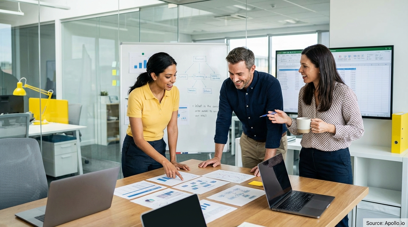 Sales team collaborating in a modern open-plan office reviewing lead generation strategies