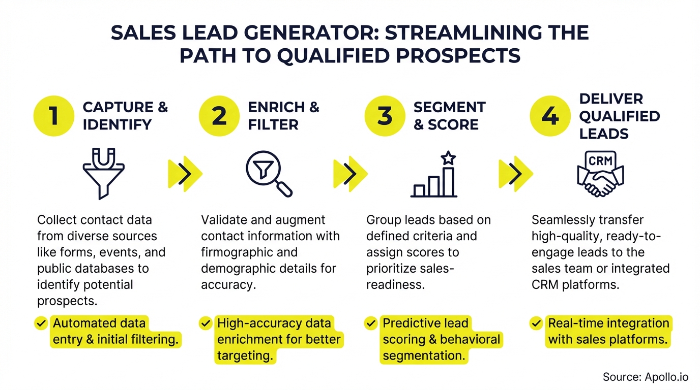 A four-step process diagram illustrating sales lead generation and delivery.