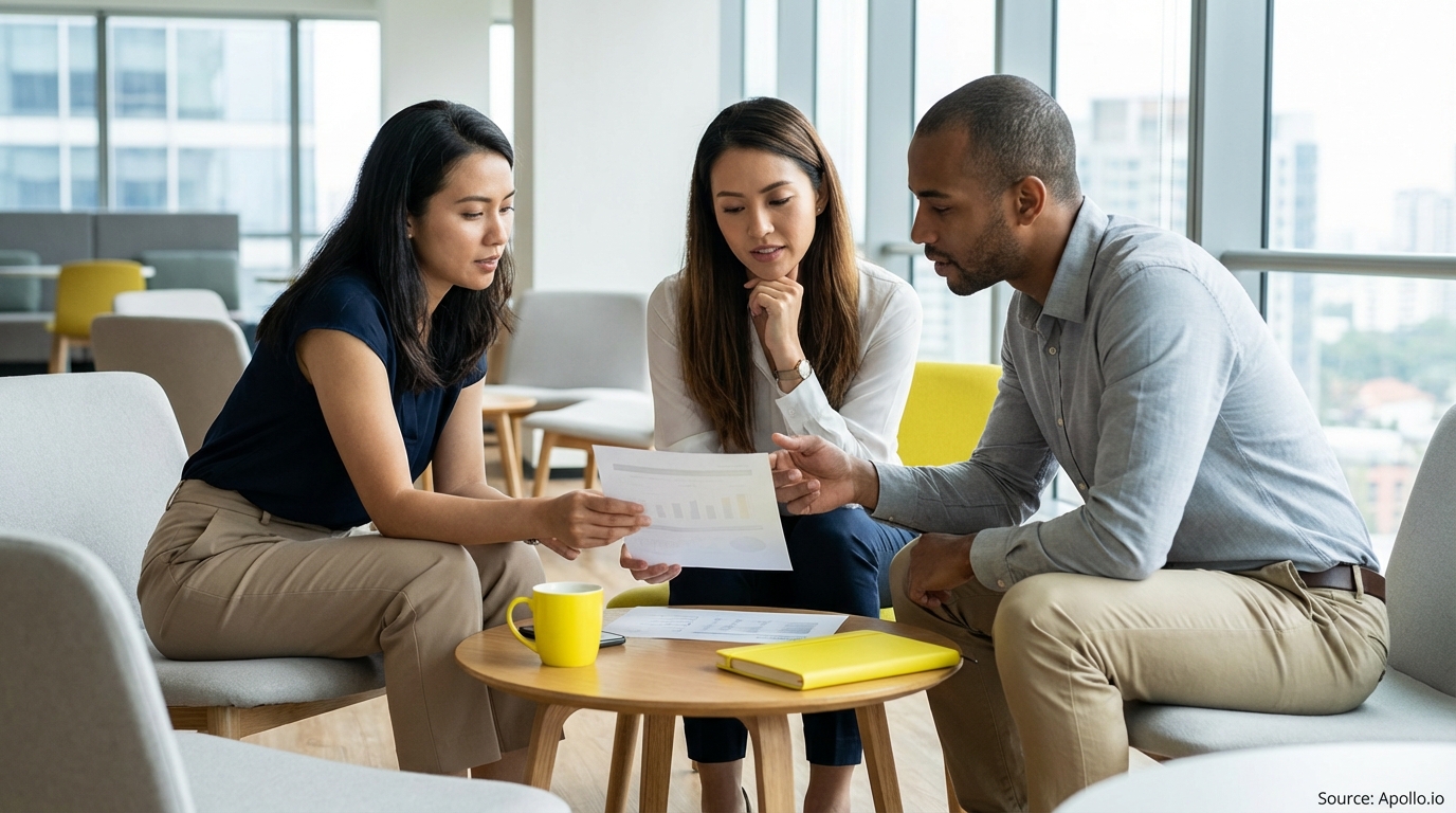 Three professionals discuss charts and documents in a modern office lounge.