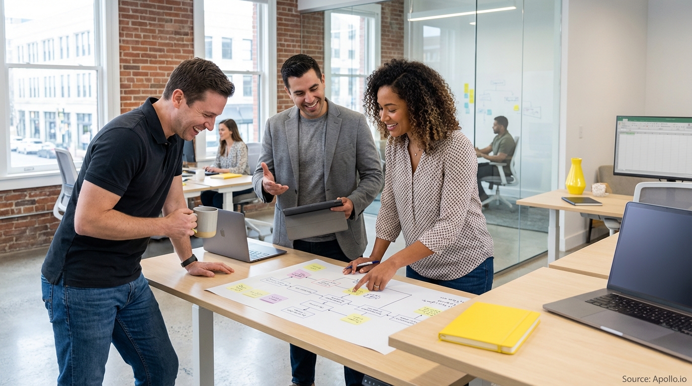 Sales team collaborating in a modern open-plan office reviewing lead generation strategies