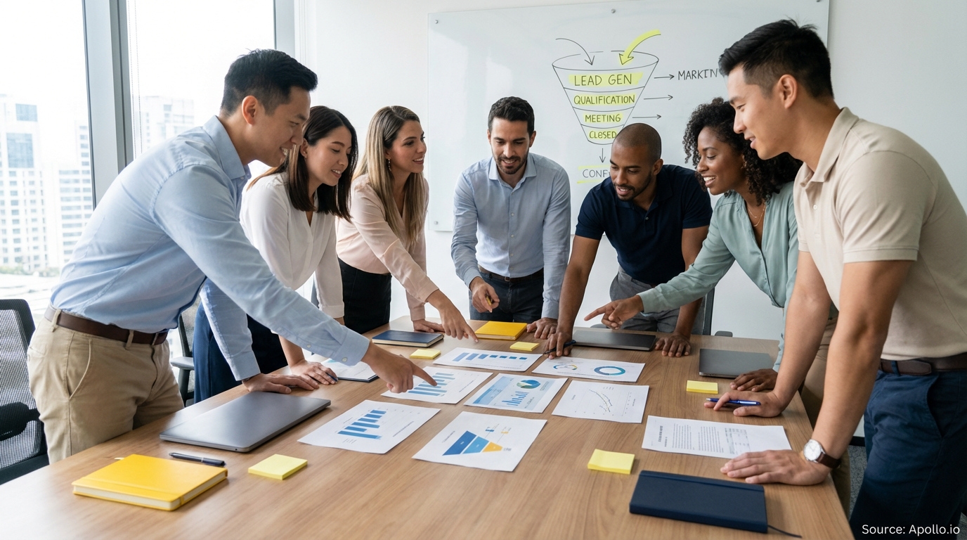 Sales professionals discussing strategy around a conference table reviewing lead generation strategies