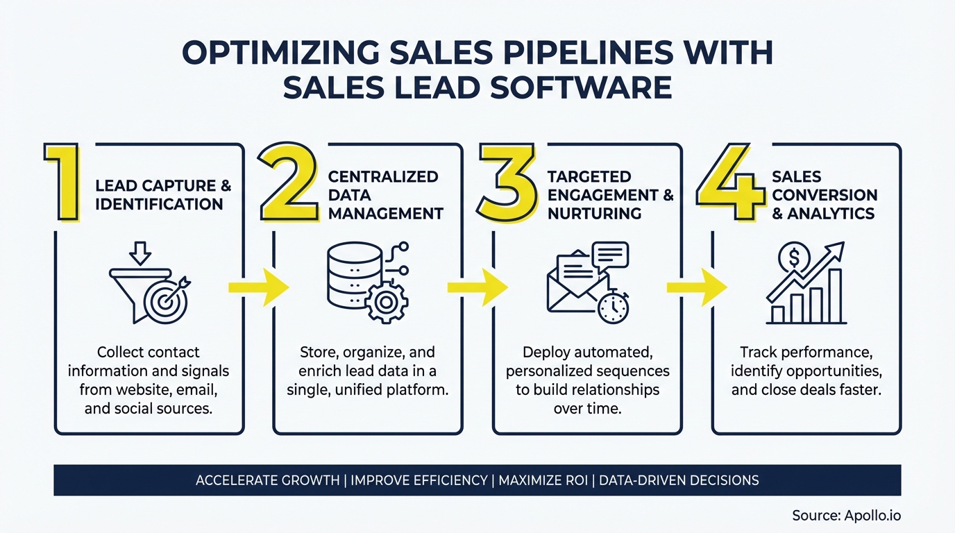 An infographic showing four steps for sales lead capture, data management, nurturing, and conversion.