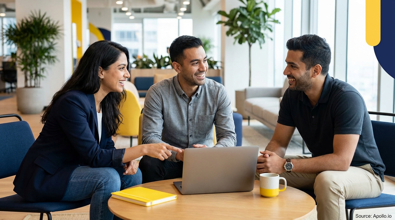 Three smiling colleagues collaborate, reviewing a laptop screen in a modern office.