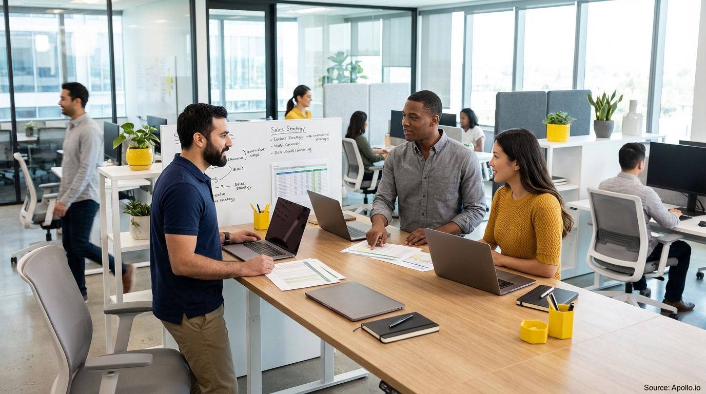 Sales team collaborating in a modern open-plan office reviewing lead generation strategies