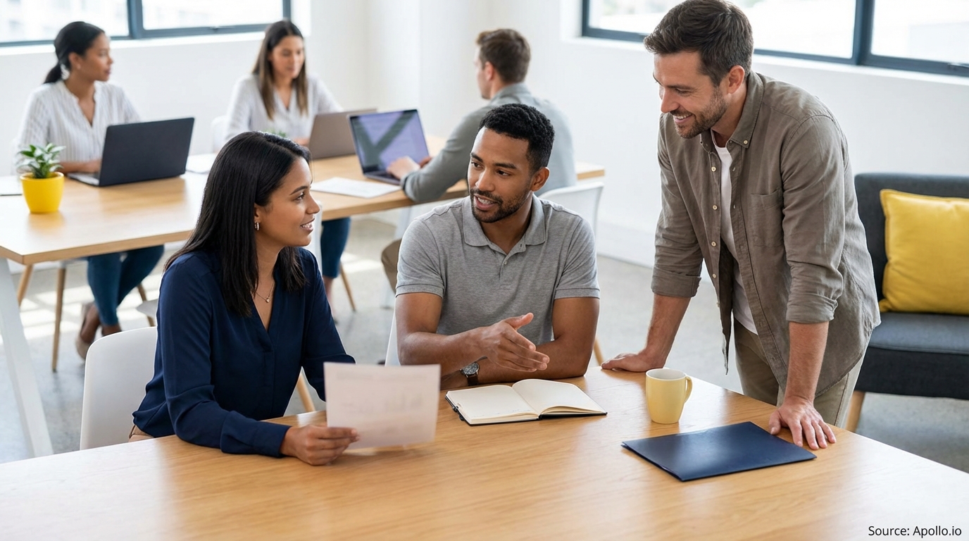 Three colleagues discuss papers at a modern office table, others work nearby.