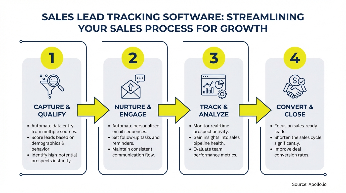 Diagram illustrating four steps of sales lead tracking: capture, nurture, track, and convert.