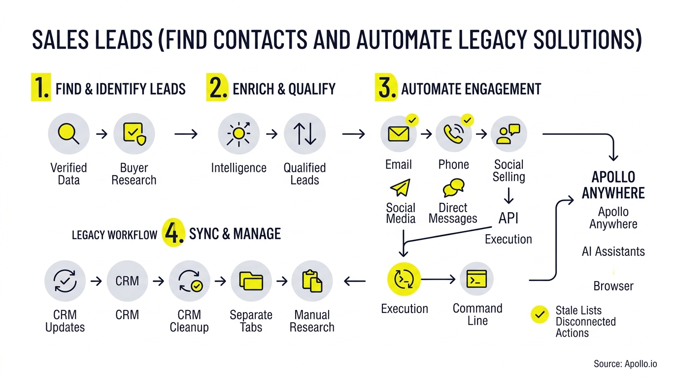 Numbered icons and arrows illustrate a four-stage process for lead identification, data enrichment, automated engagement, and legacy workflow management.