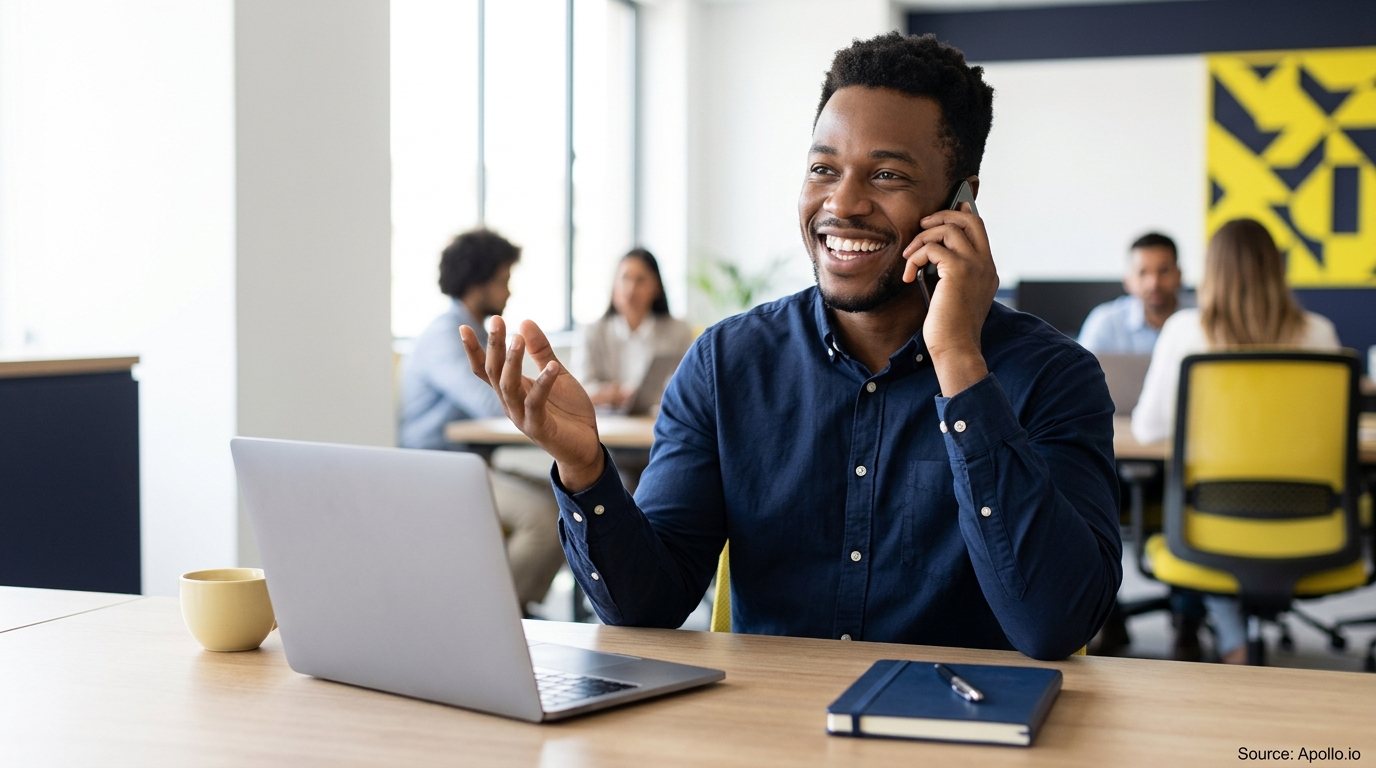 A man smiles on a phone call at a desk with four colleagues working in a modern office.