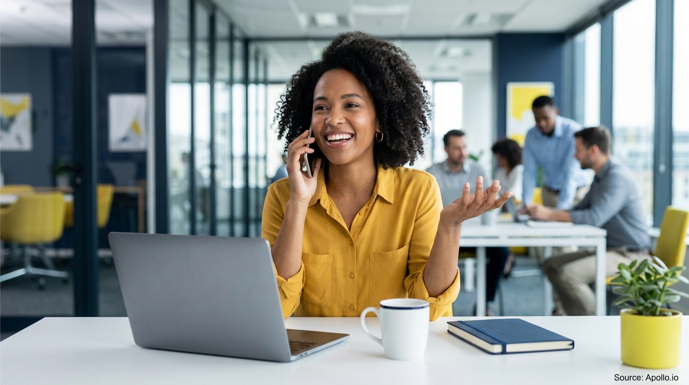 A smiling woman talks on the phone at her desk while four colleagues work in a modern office.