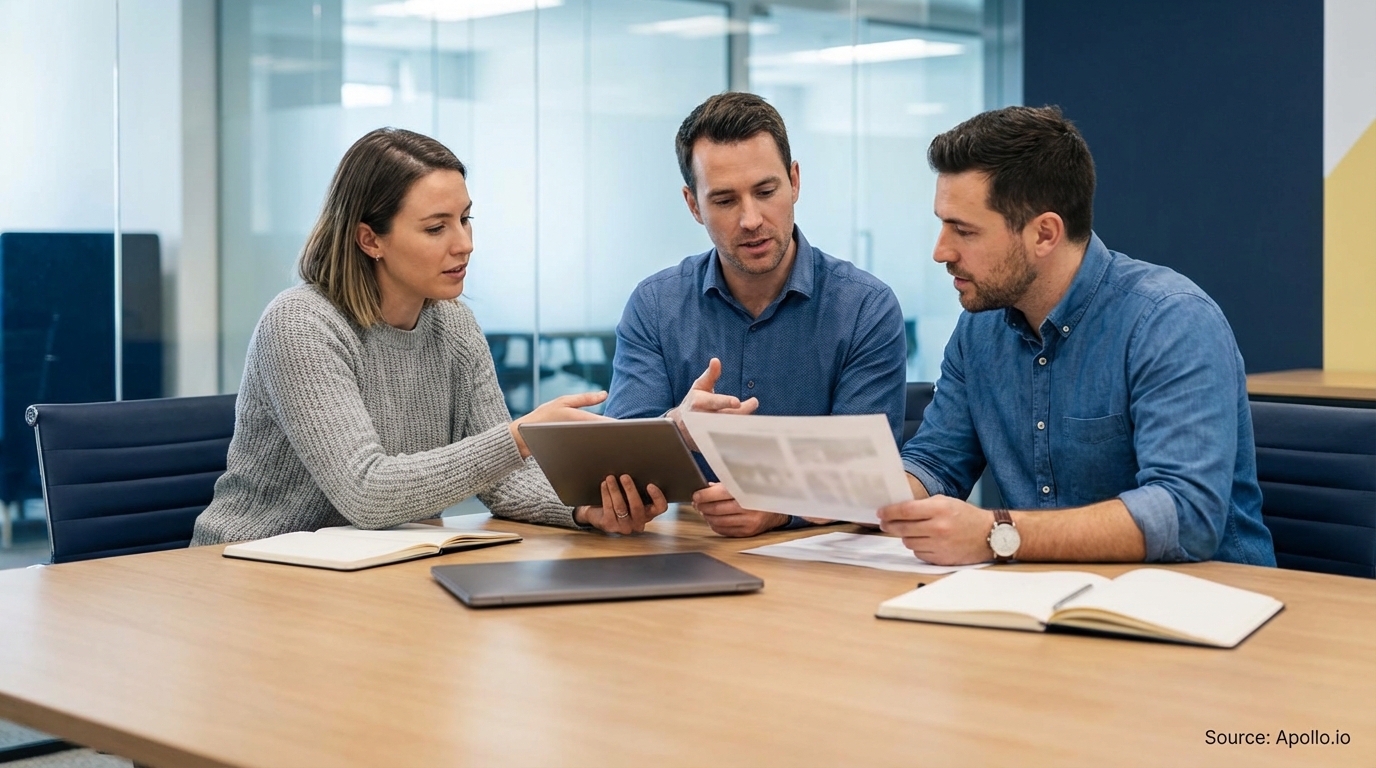 Three professionals discuss documents and a tablet at a modern office table.