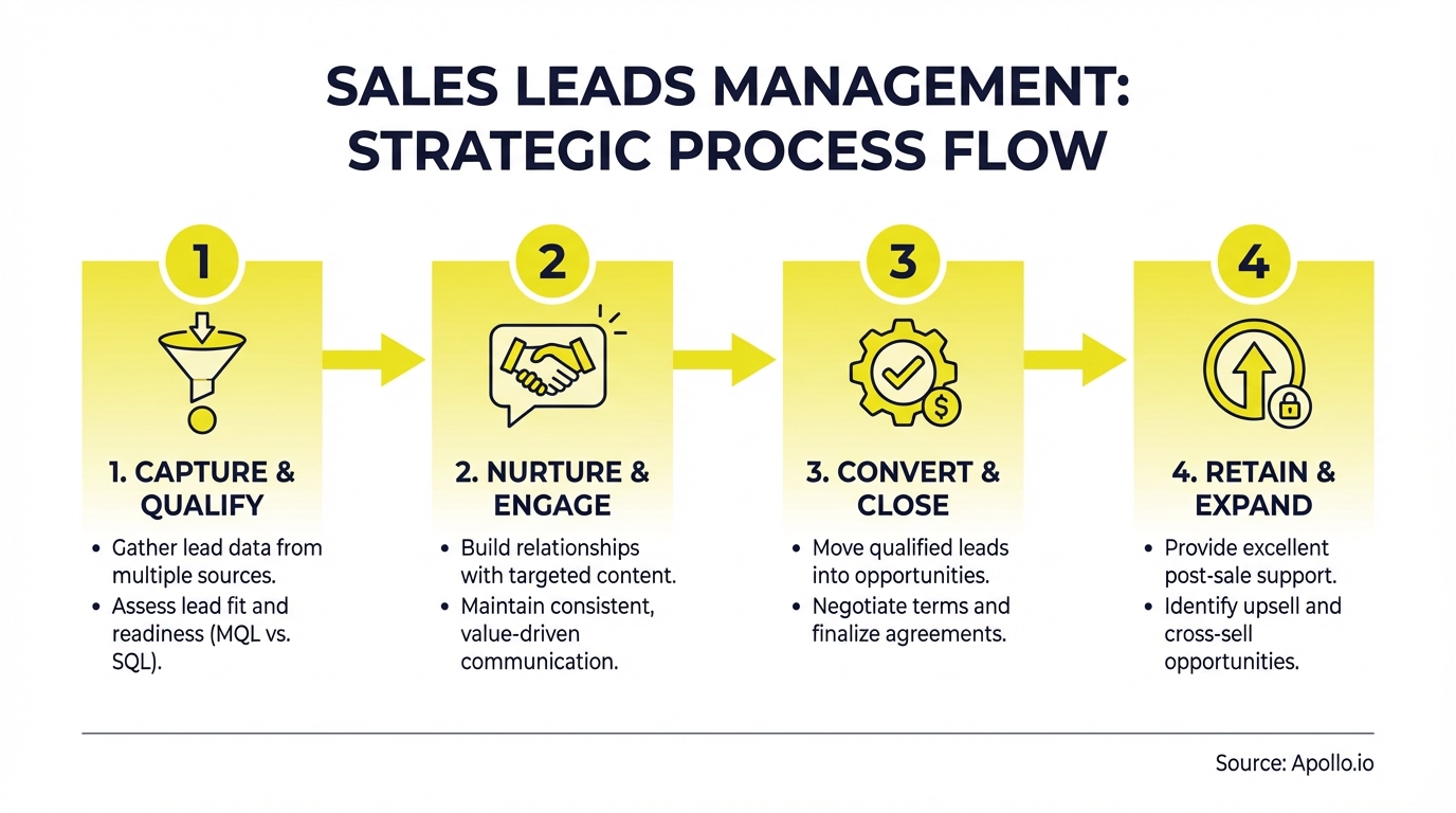 A four-step diagram illustrating the strategic process flow for sales leads management.
