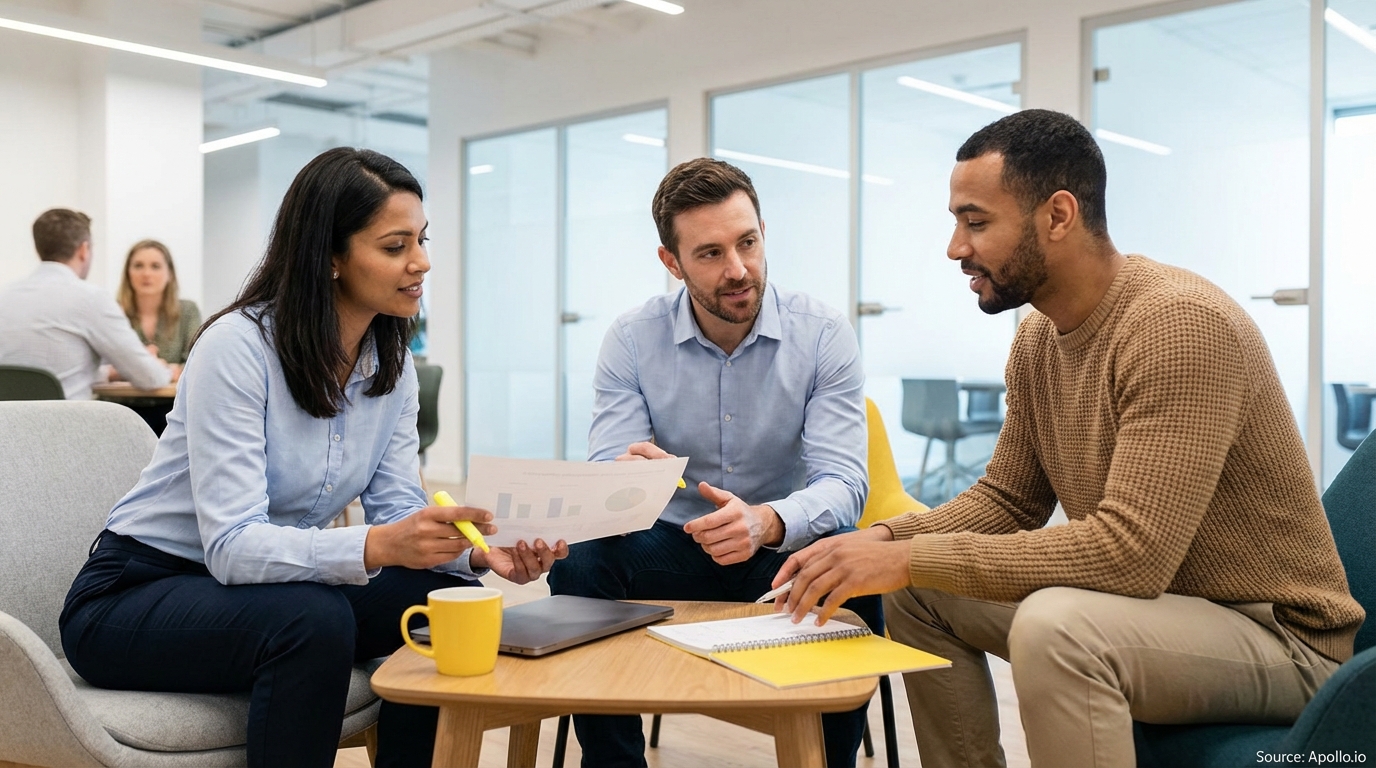 Three business professionals discuss documents at a modern office table.