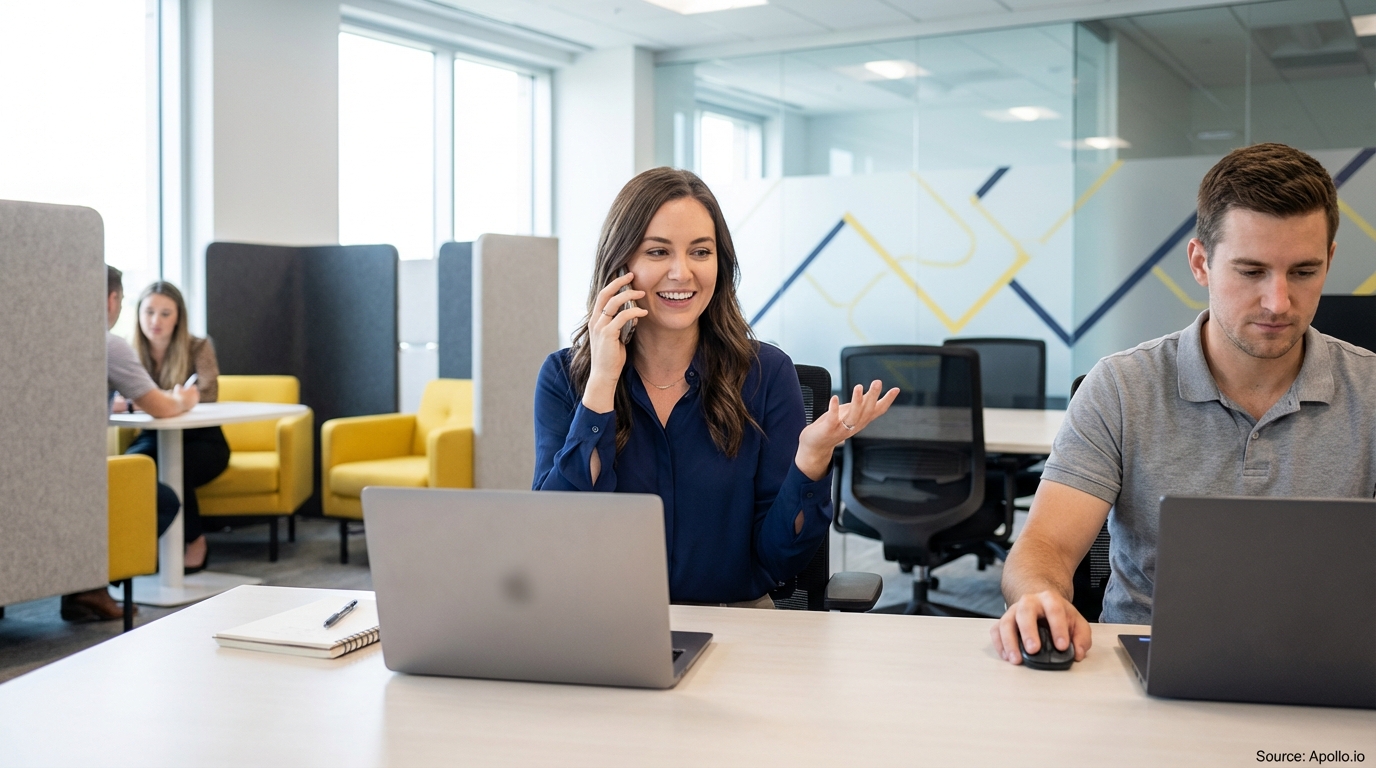 Four professionals work and collaborate in a modern, open office environment.