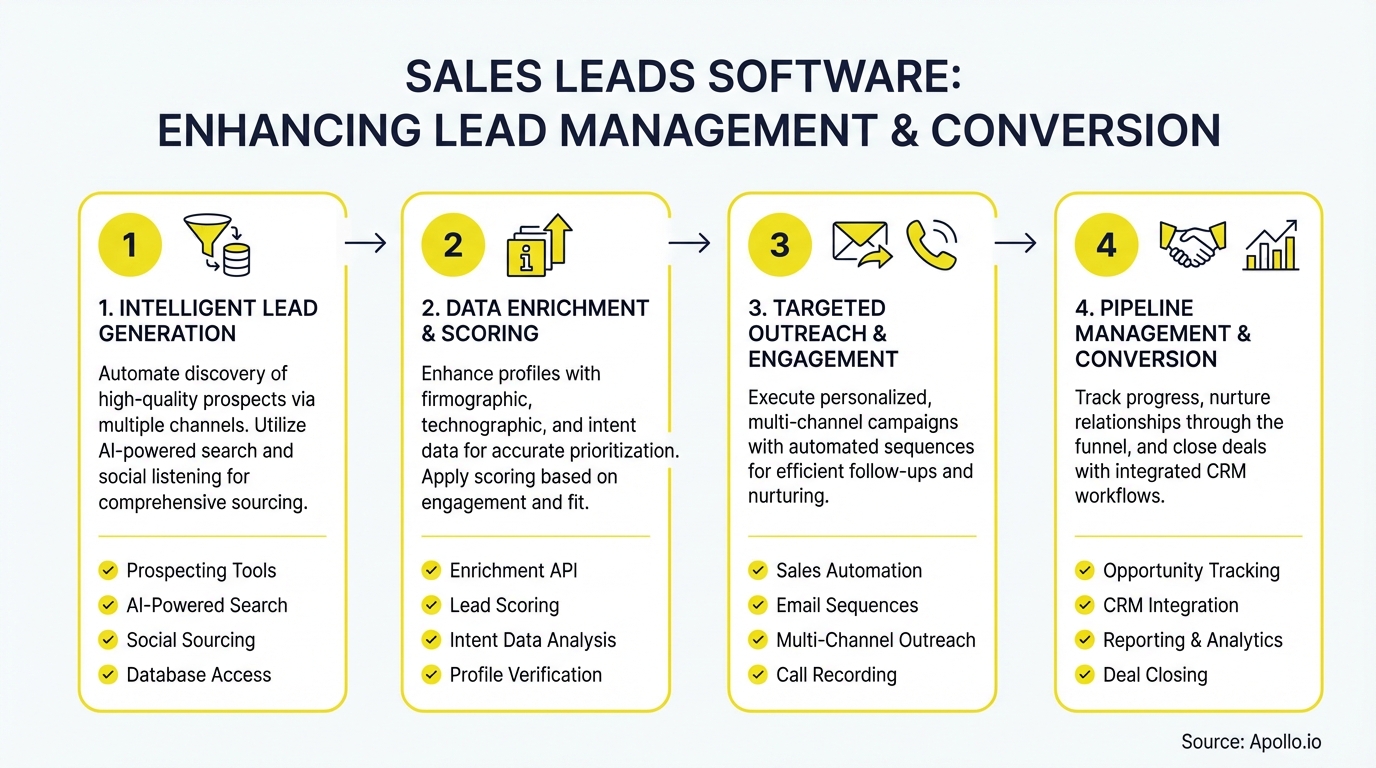 Flowchart outlining four stages of sales lead management and conversion with descriptive text and icons.
