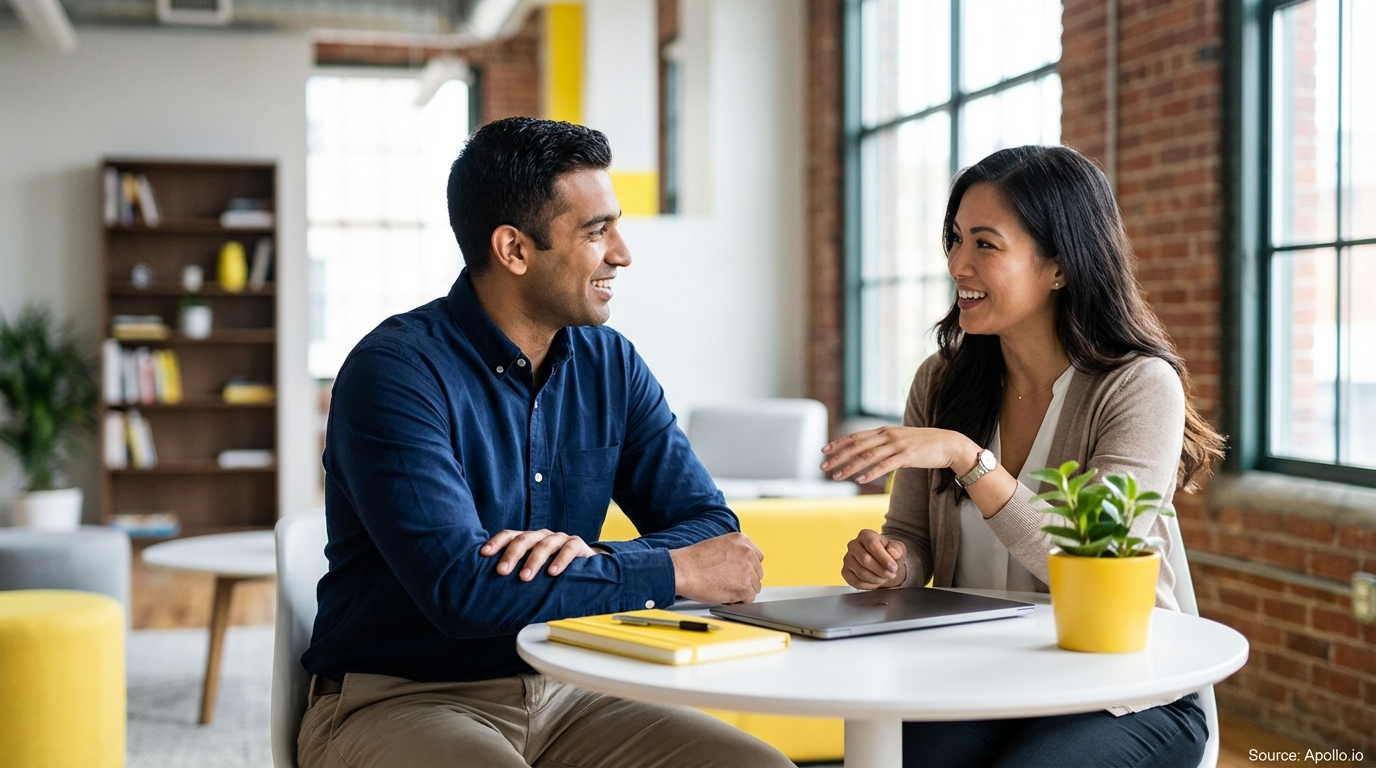 Two smiling professionals chat at a table with a laptop in a modern office.