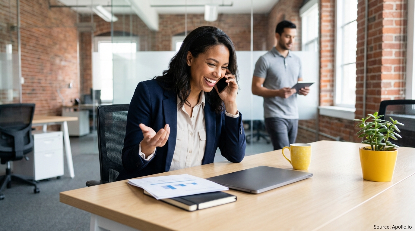 Laughing woman talks on phone at office desk; man walks with tablet in background.