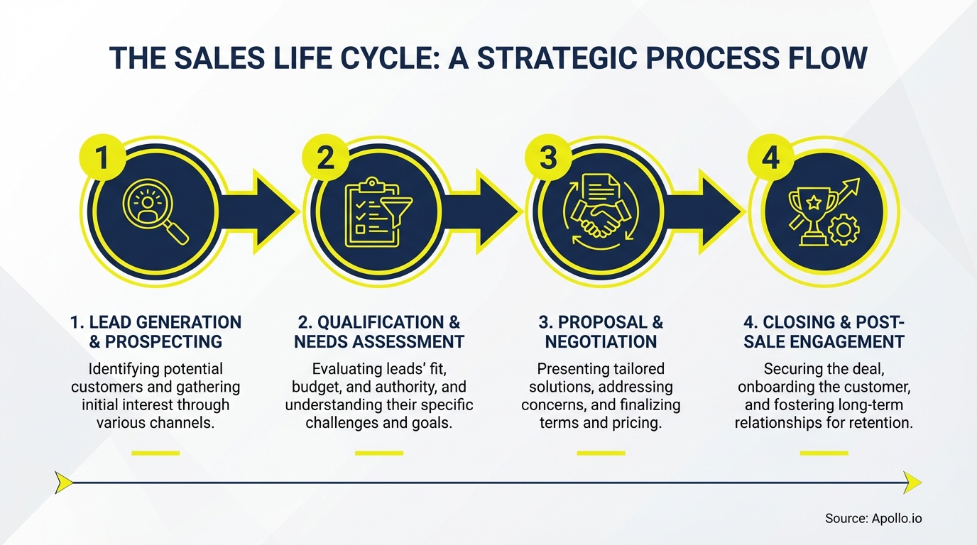 Infographic illustrates a four-stage sales process: lead generation, qualification, negotiation, and closing.