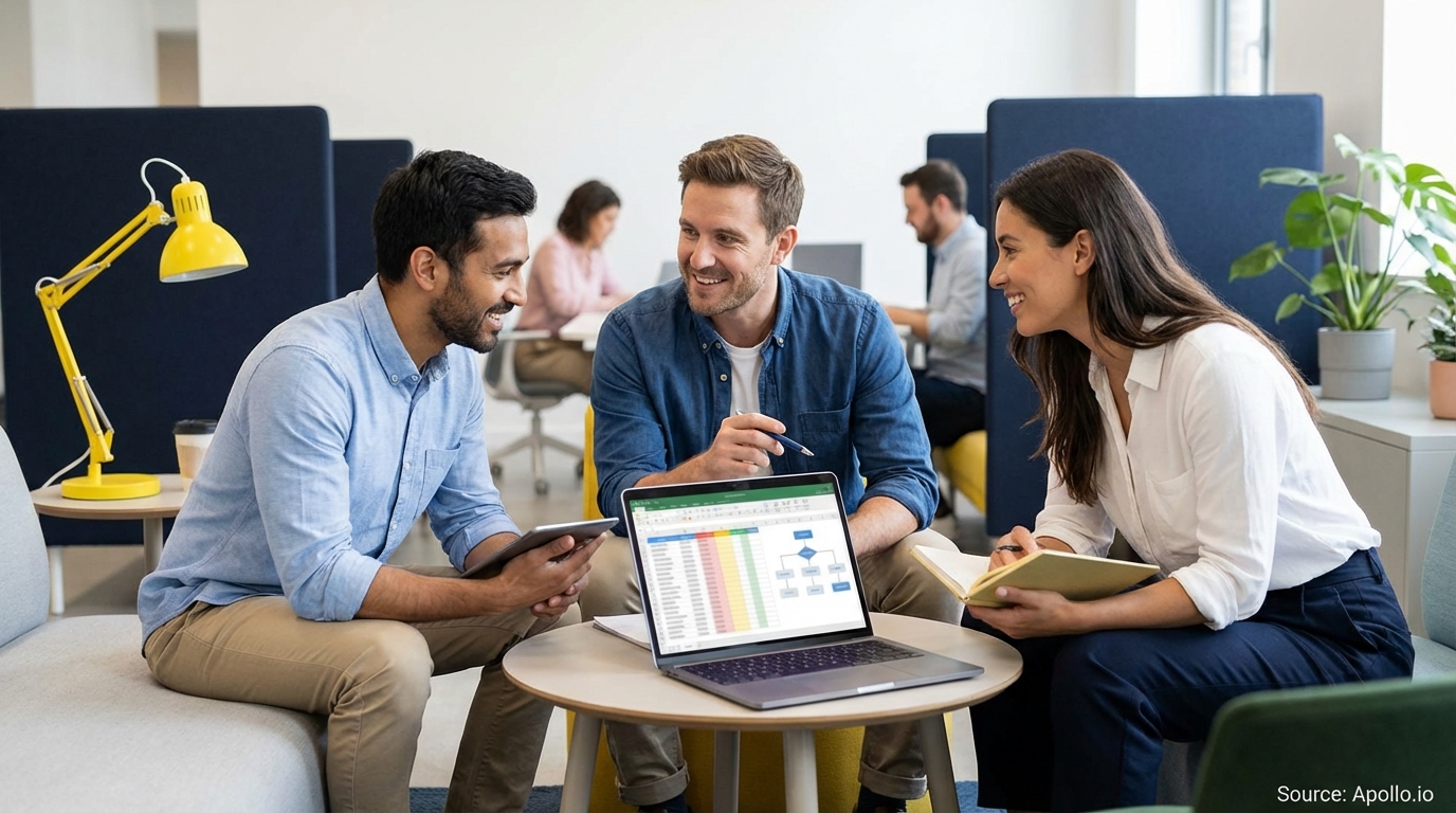 Three diverse professionals collaborate, discussing a spreadsheet and flowchart on a laptop.