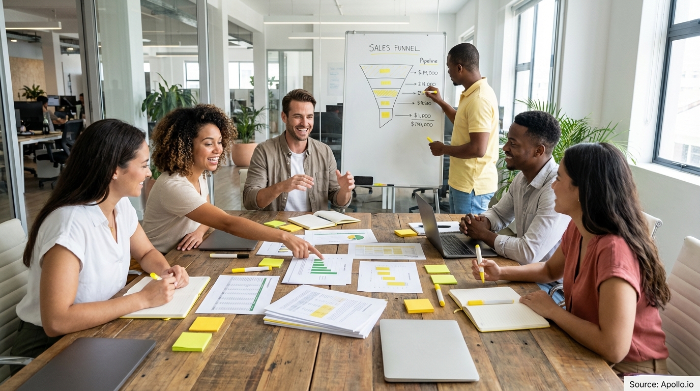 Sales professionals discussing strategy around a conference table evaluating sales technology options