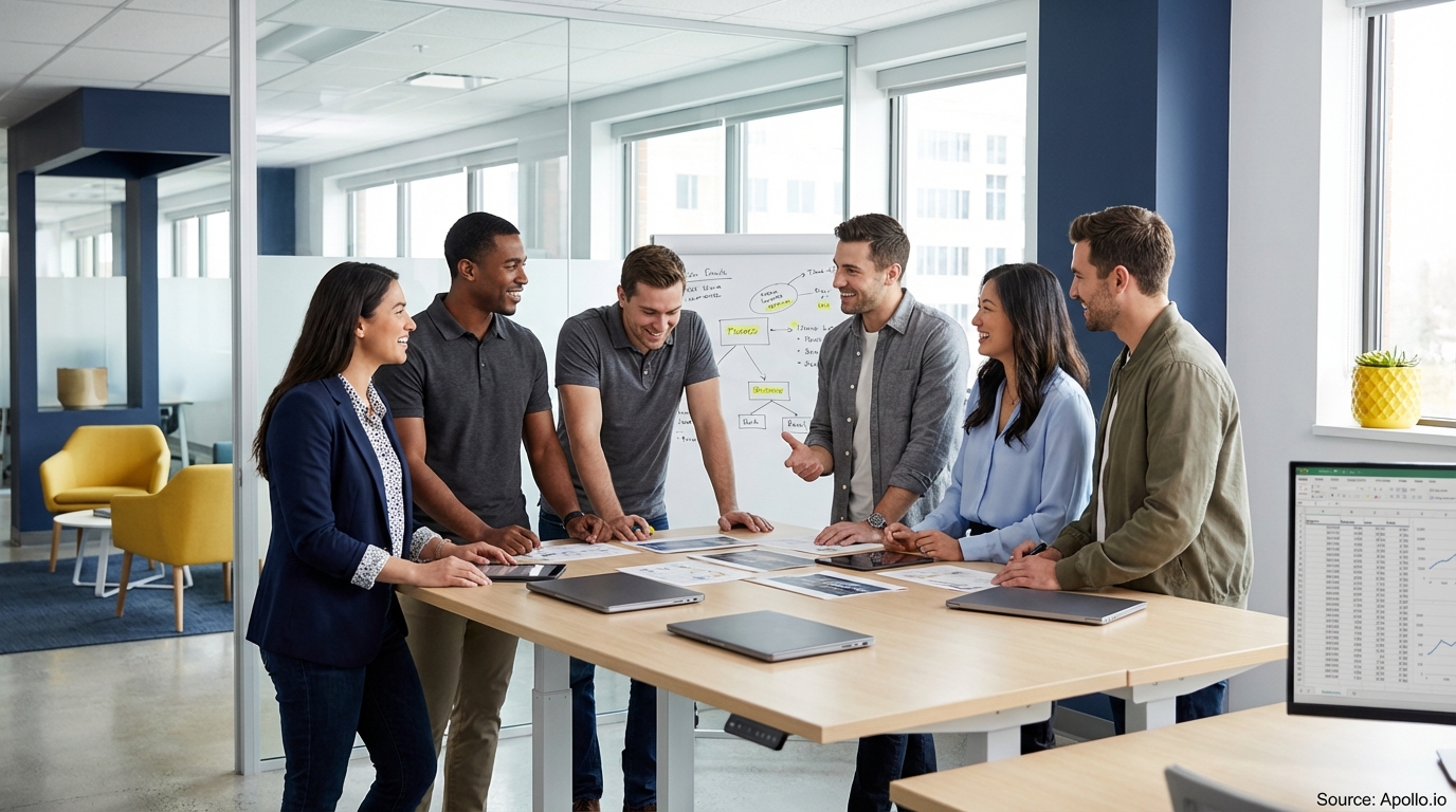 Sales team collaborating in a modern open-plan office in a sales team meeting