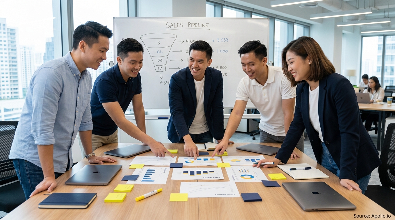 Sales professionals discussing strategy around a conference table in a sales team meeting