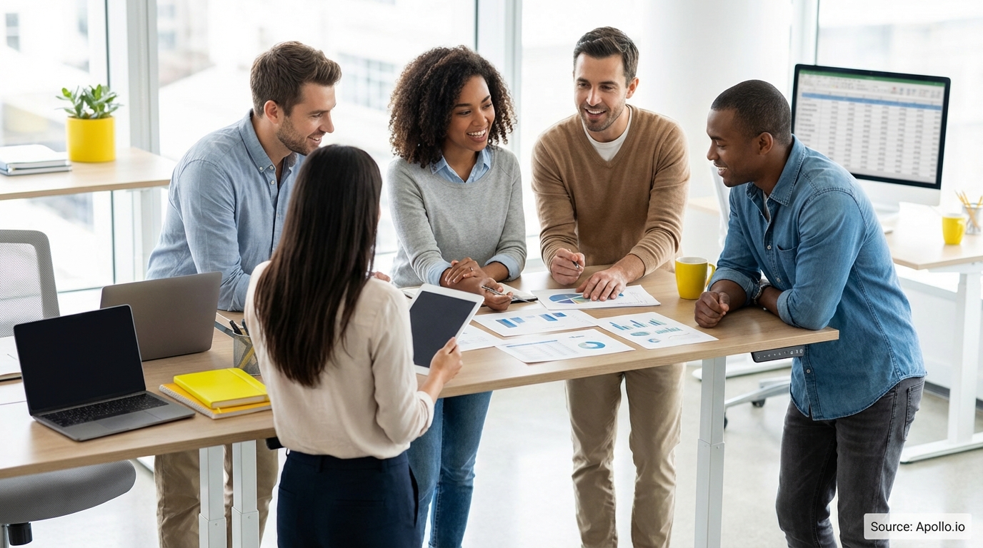 Sales team collaborating in a modern open-plan office during a hiring discussion