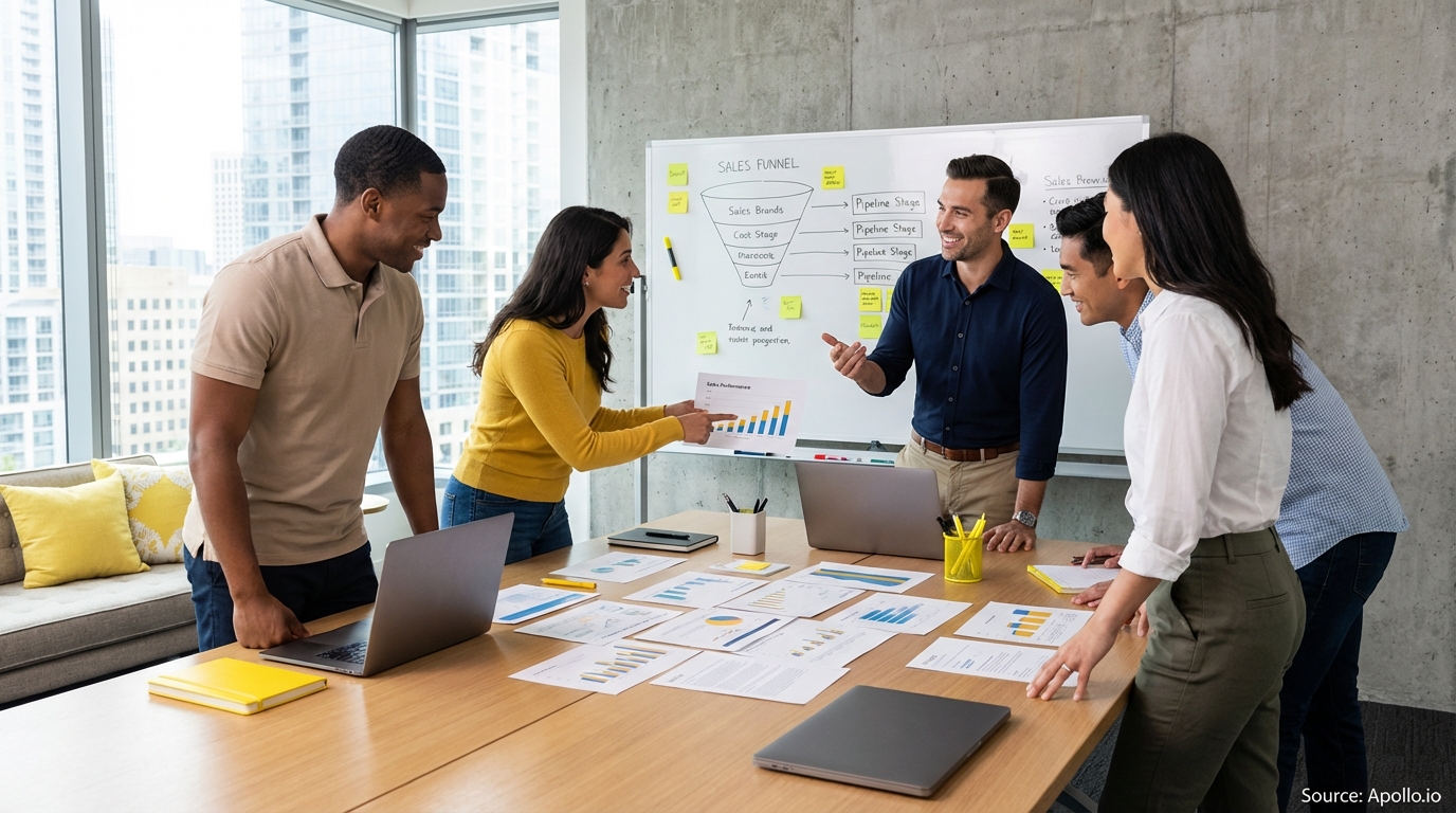 Sales professionals discussing strategy around a conference table during a hiring discussion