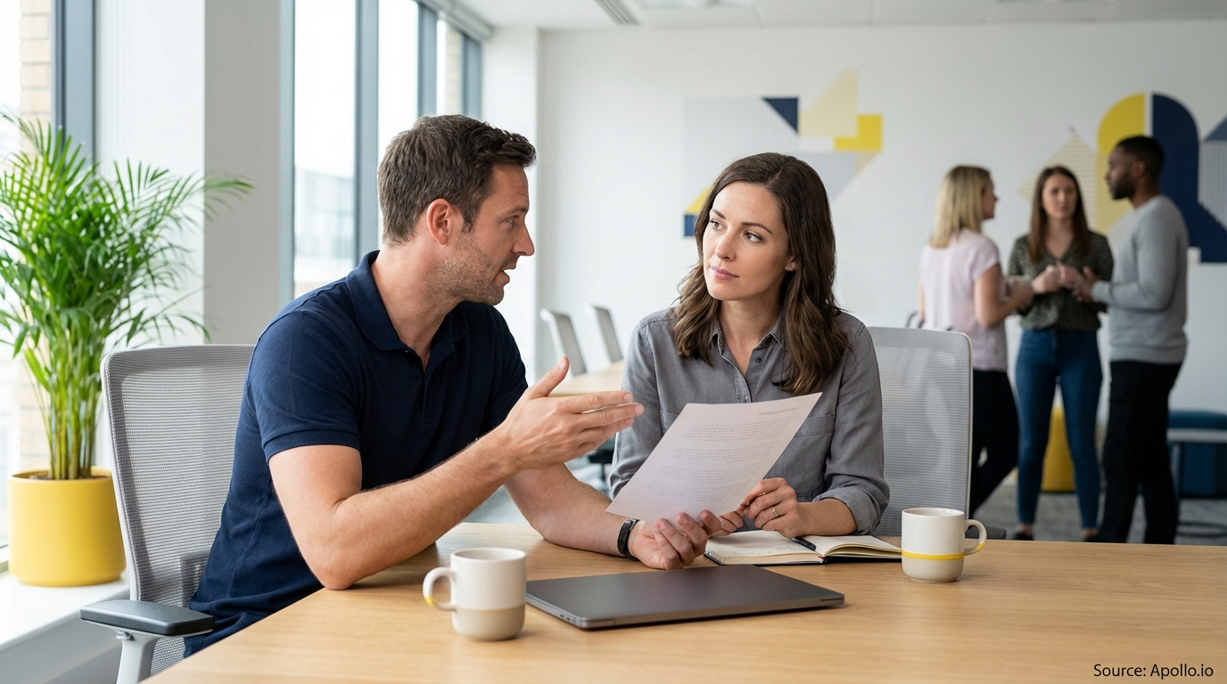 Professional reviewing business reports at a clean modern desk