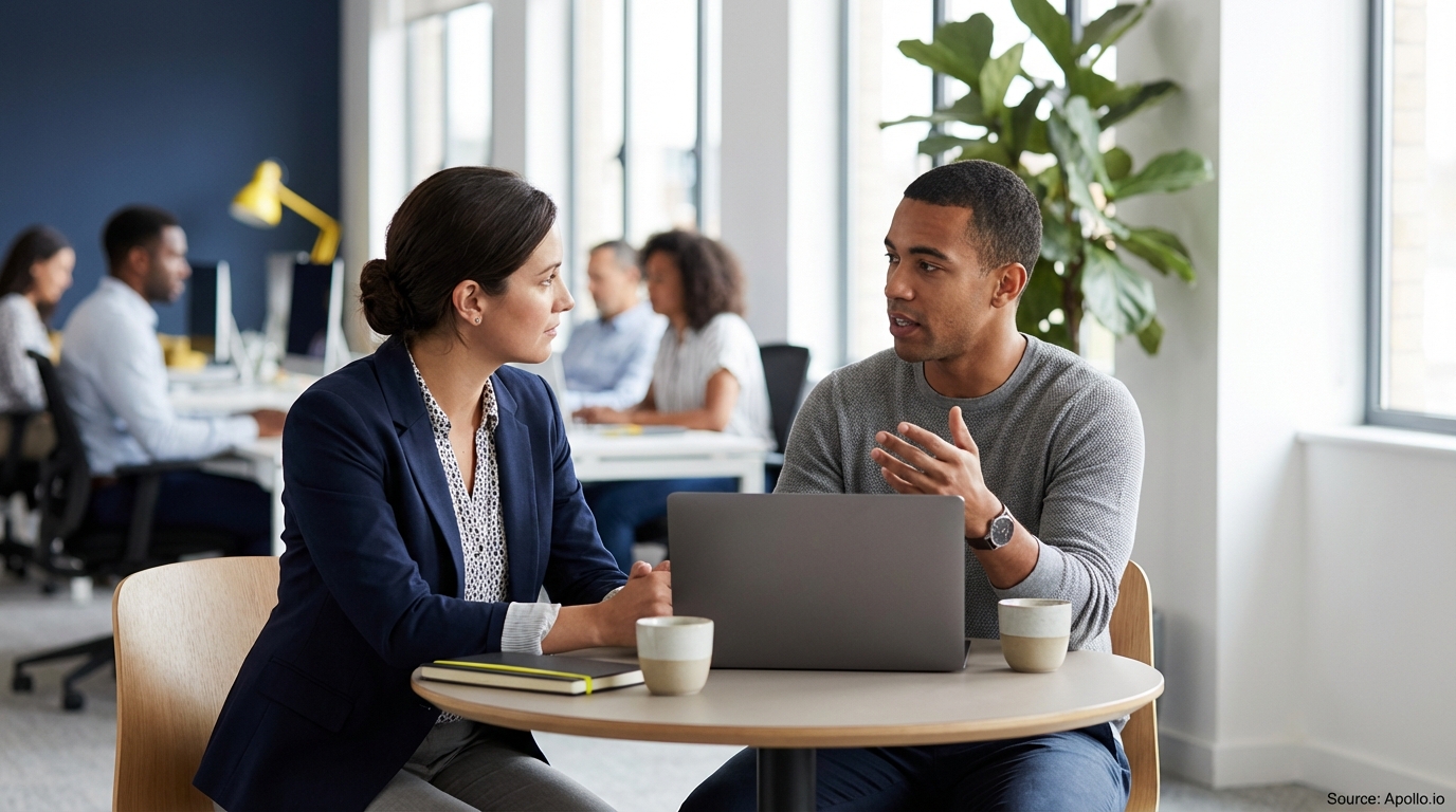 Sales professional making a phone call in a modern office setting